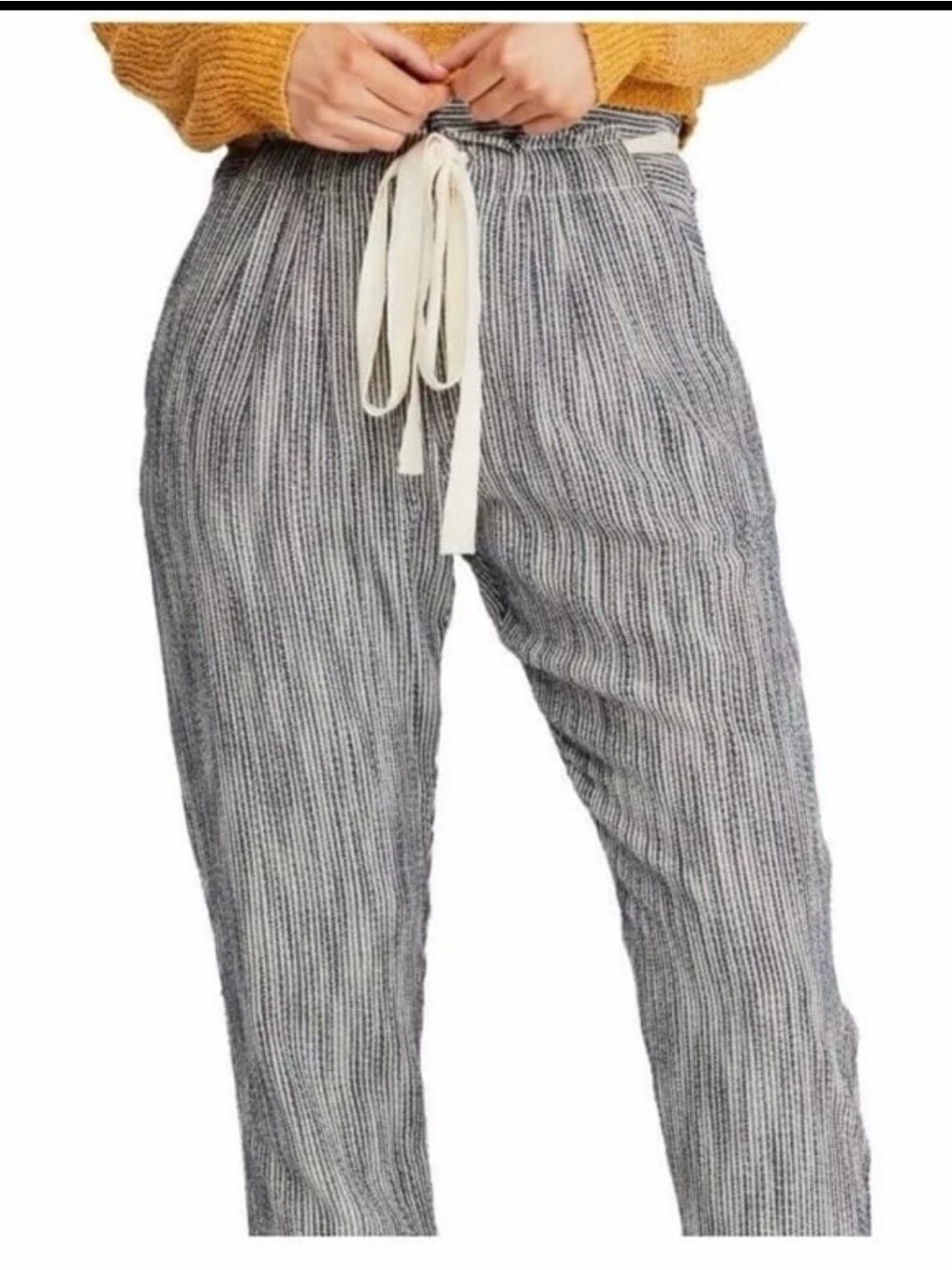 Free People Gray Ribbed Drawstring Trousers with Cream Tie